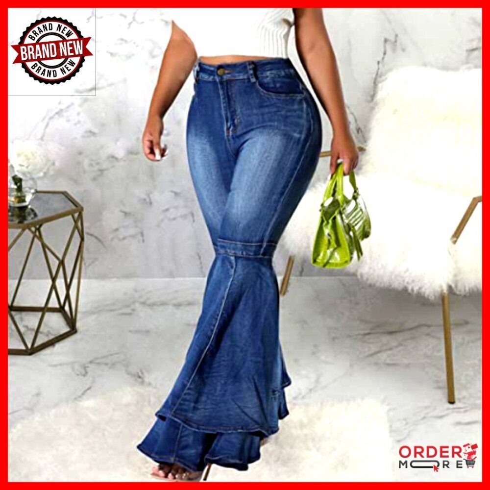 High Waisted Bell Bottom Jeans Flared Wide Leg Denim Pants 70s Style - Picture 2 of 7